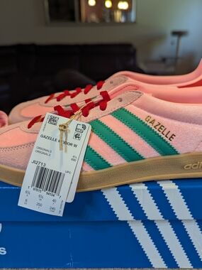 adidas Gazelle Indoor W Pink with Teal Stripes and Red Laces
